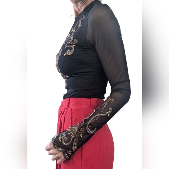 Cache Black Mesh Embellished Long Sleeve Top Sheer Beaded Scrolls | Small - Picture 3 of 9
